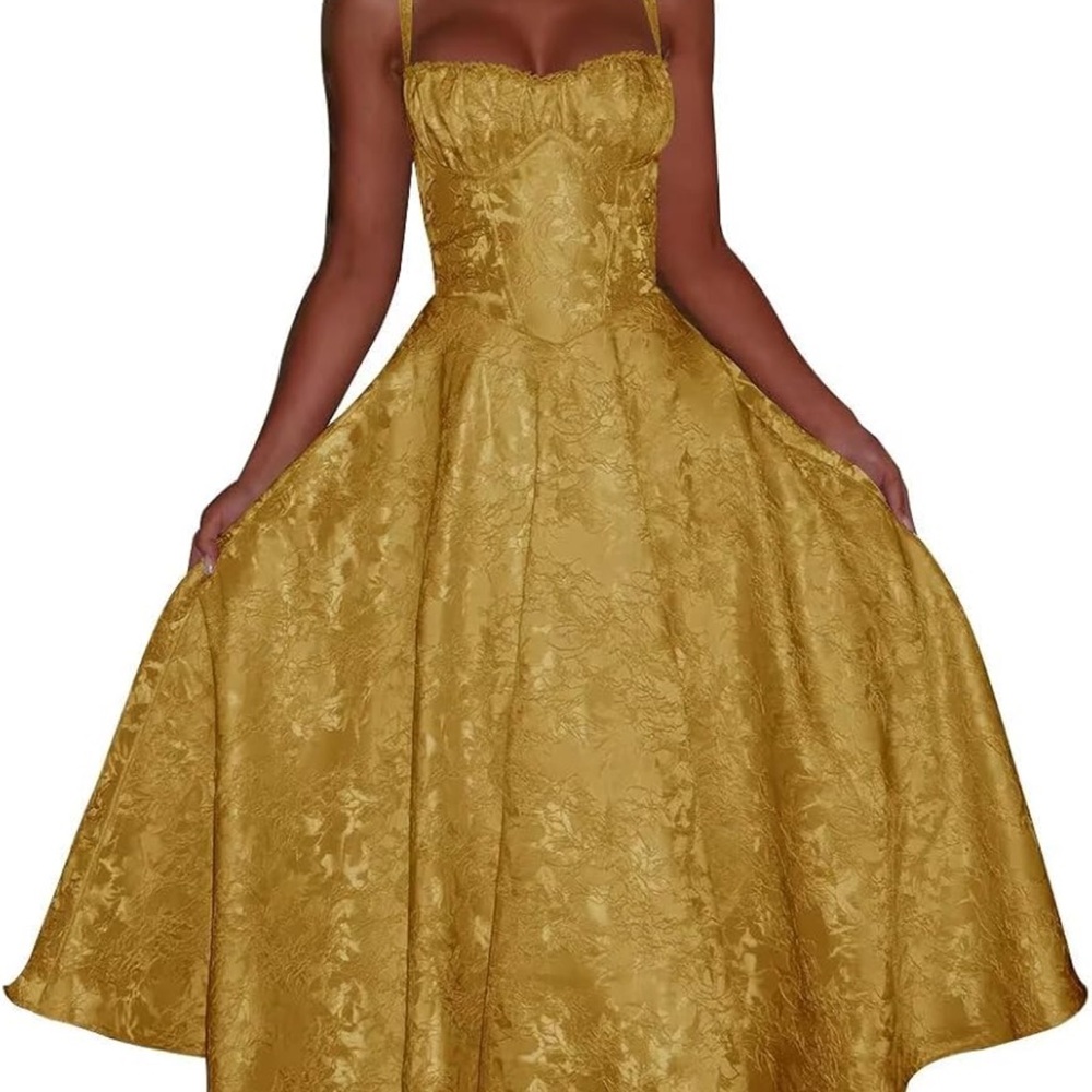 SOLD!!! Elegant Golden Midi Dress – Satin Sweetheart Prom & Cocktail Gown ✨